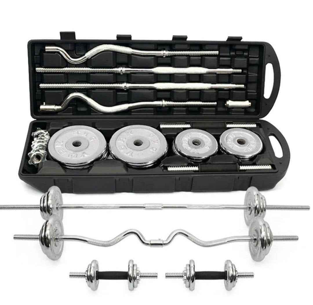 55KG Convertible Dumbbell and Barbell Set – Adjustable Weight Plates Lifting Kit with Chrome Bar and EZ Curl Bar for Home Gym Strength Training